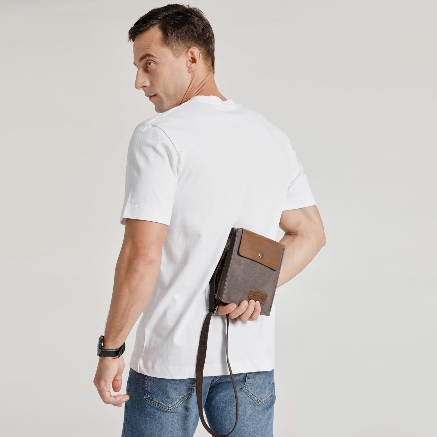 VAL - Pochette bandoulière en cuir véritable et toile enduite - Gris