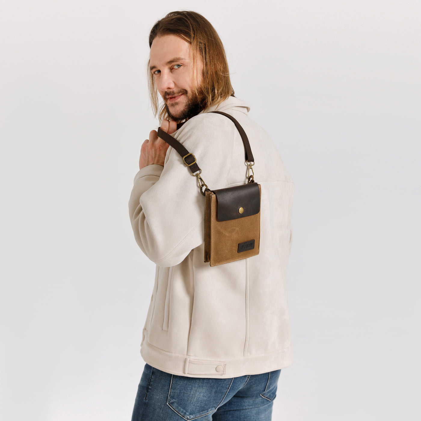 VAL - Pochette bandoulière en cuir véritable et toile enduite - Camel