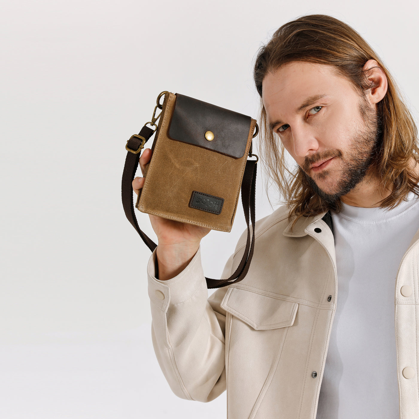 VAL - Pochette bandoulière en cuir véritable et toile enduite - Camel