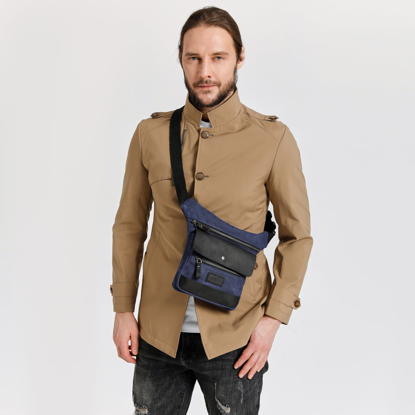 JEFF - Pochette banane en cuir véritable et toile enduite - Bleu