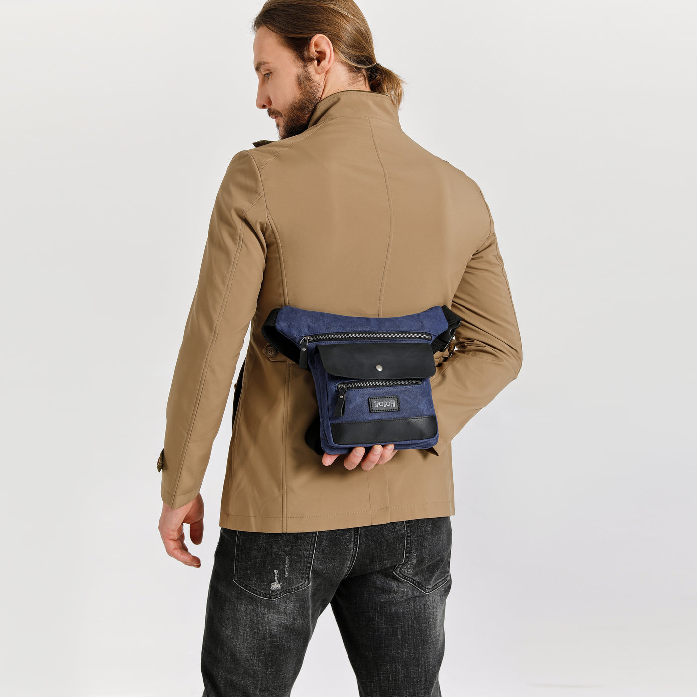 JEFF - Pochette banane en cuir véritable et toile enduite - Bleu