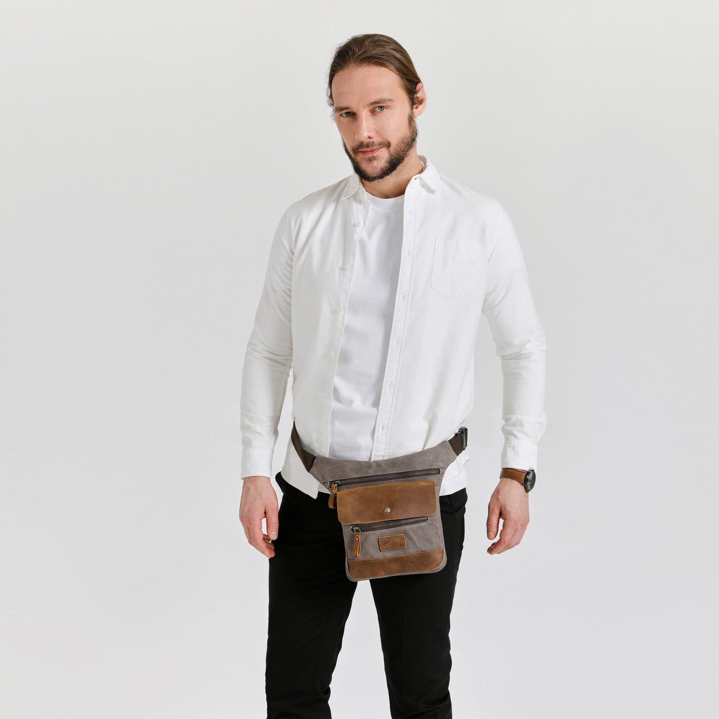 JEFF - Pochette banane en cuir véritable et toile enduite - Gris