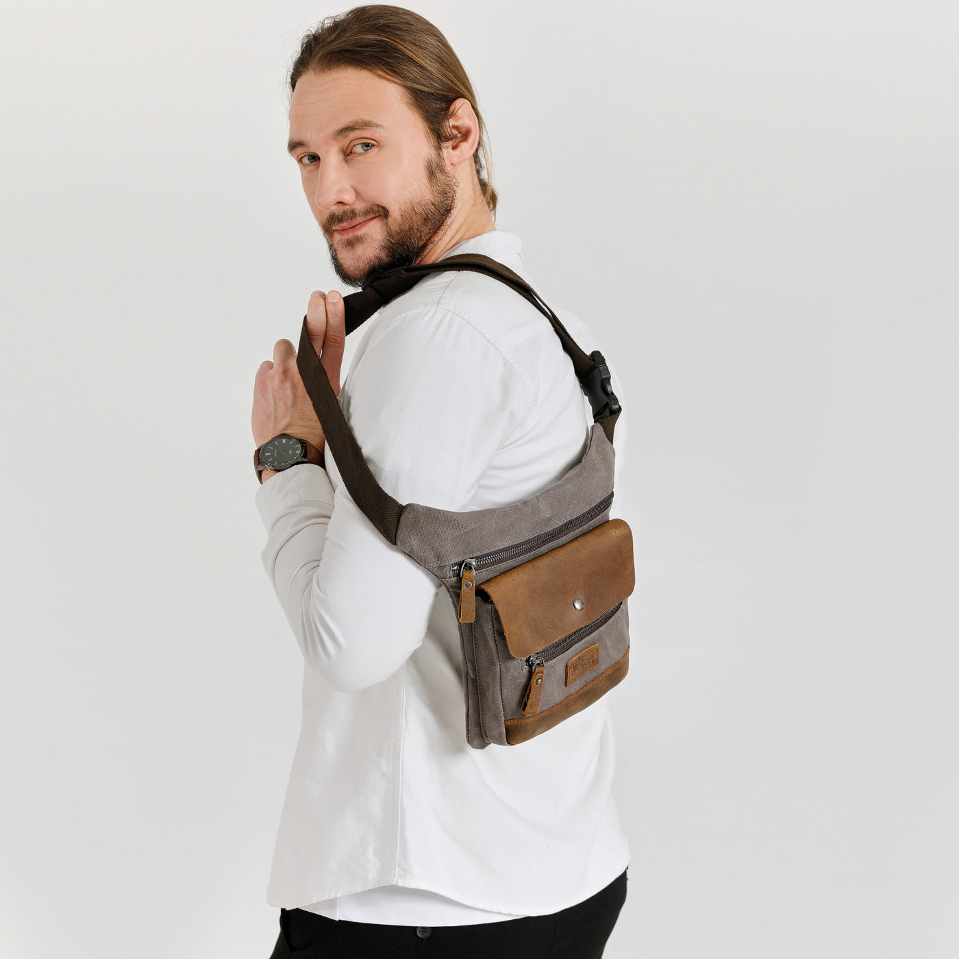 JEFF - Pochette banane en cuir véritable et toile enduite - Gris