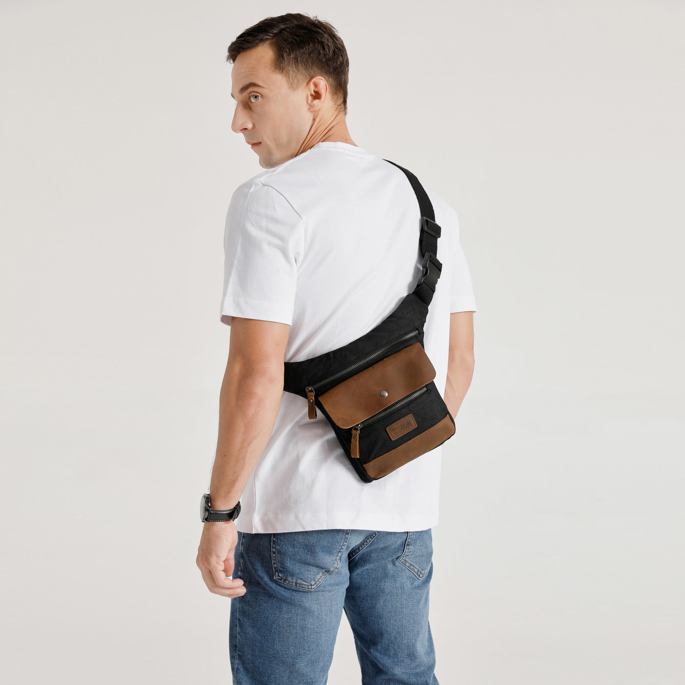 JEFF - Pochette banane en cuir véritable et toile enduite - Noir