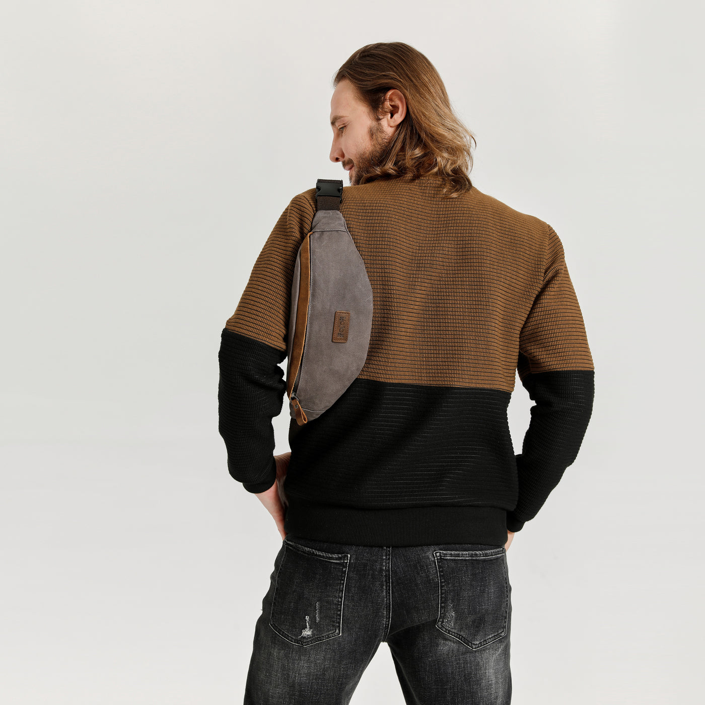 FLO - Sac banane en cuir véritable et toile enduite - Gris