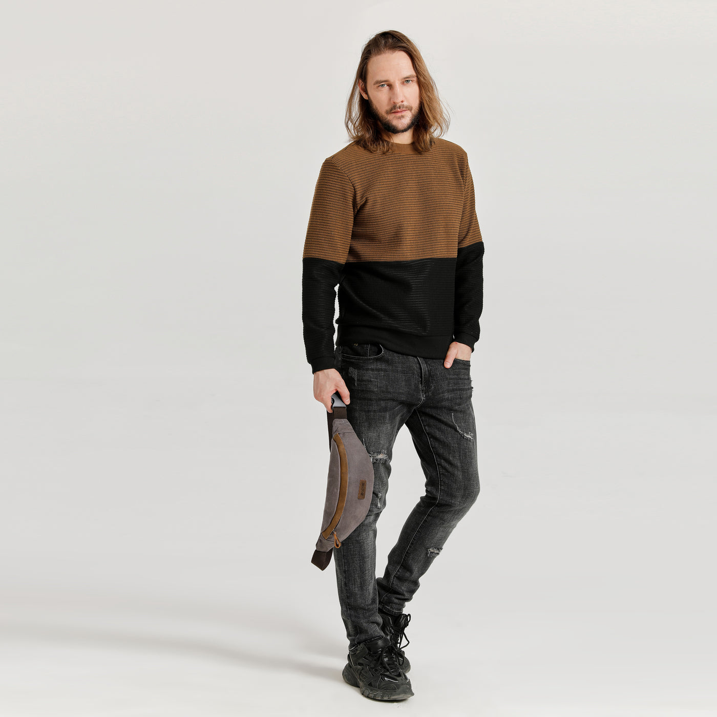 FLO - Sac banane en cuir véritable et toile enduite - Gris