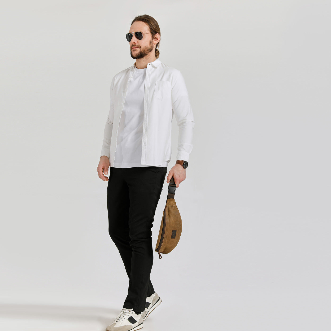 FLO - Sac banane en cuir véritable et toile enduite - Camel