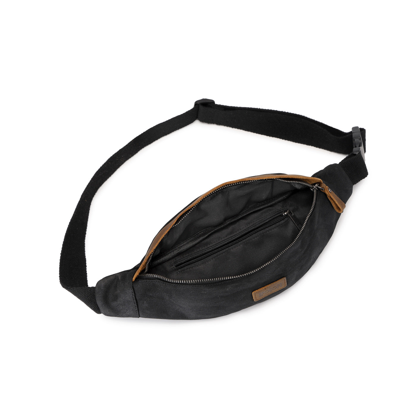 FLO - Sac banane en cuir véritable et toile enduite - Noir