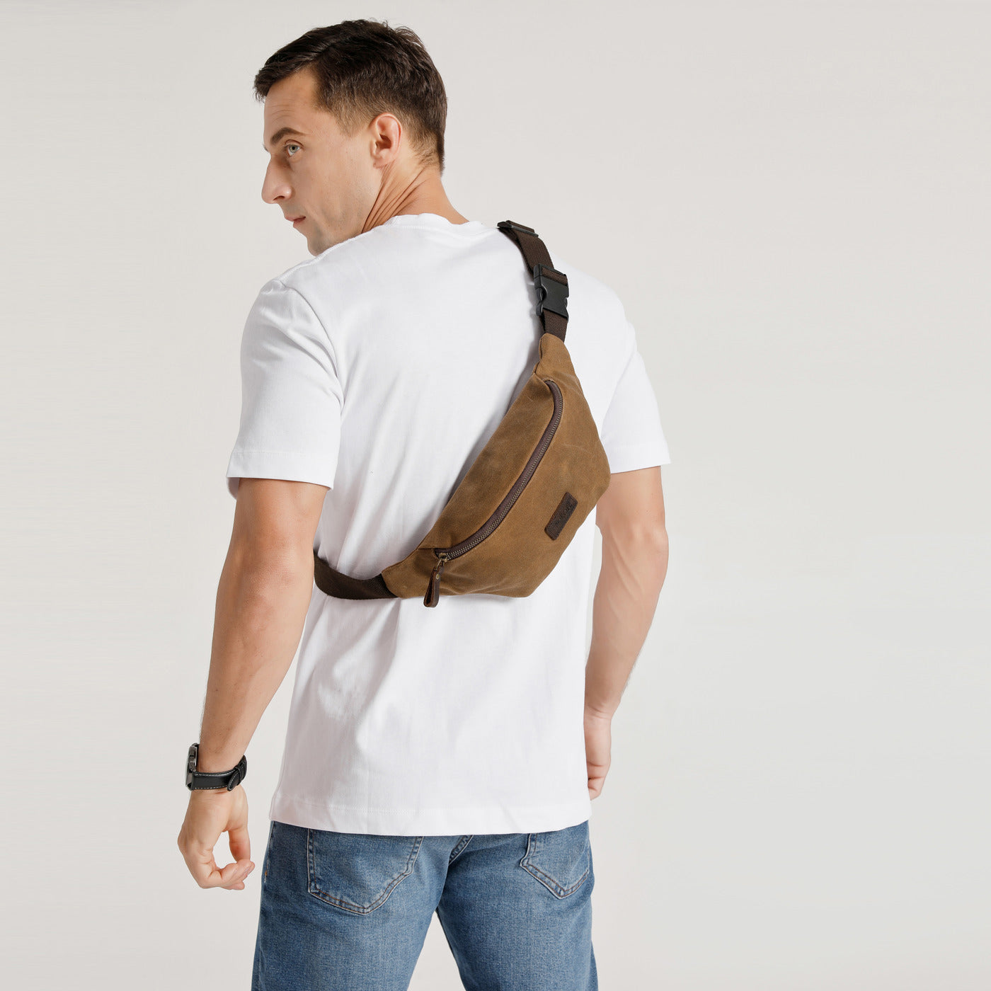 TIM - Sac banane en cuir véritable et toile enduite - Camel