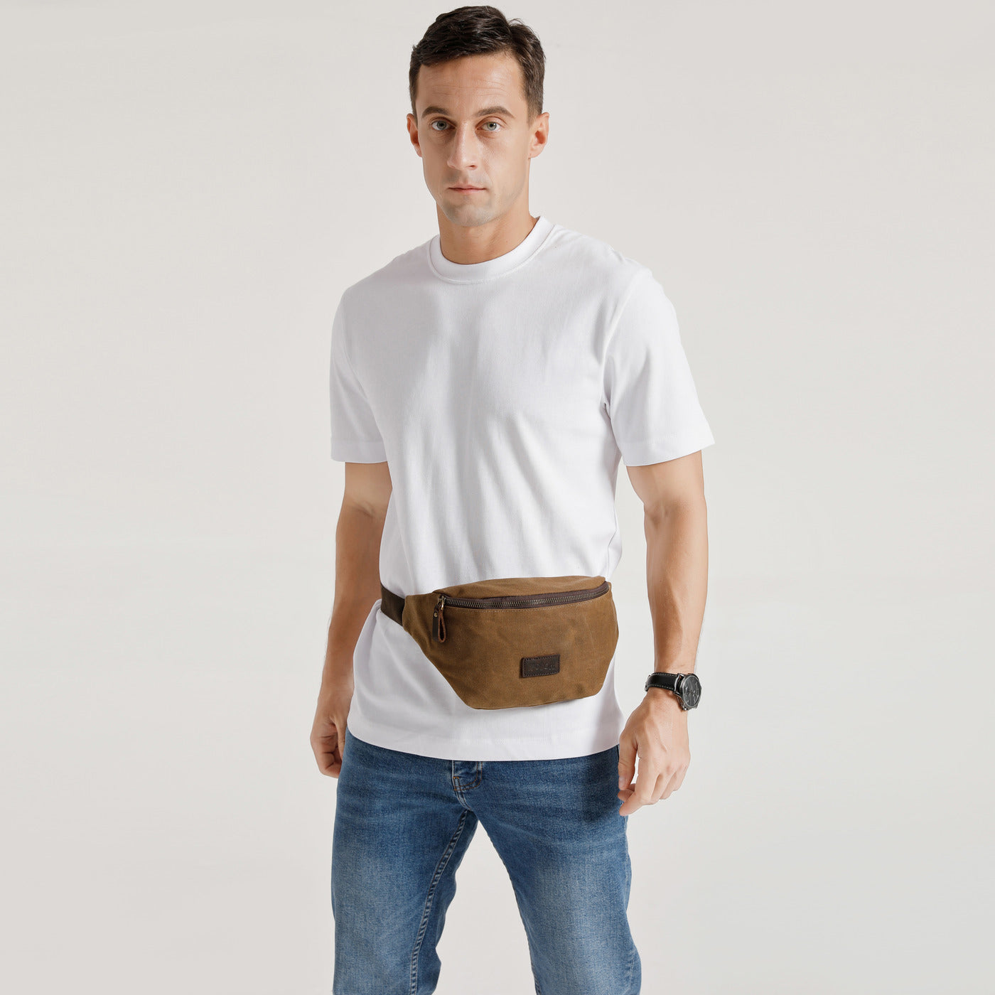 TIM - Sac banane en cuir véritable et toile enduite - Camel