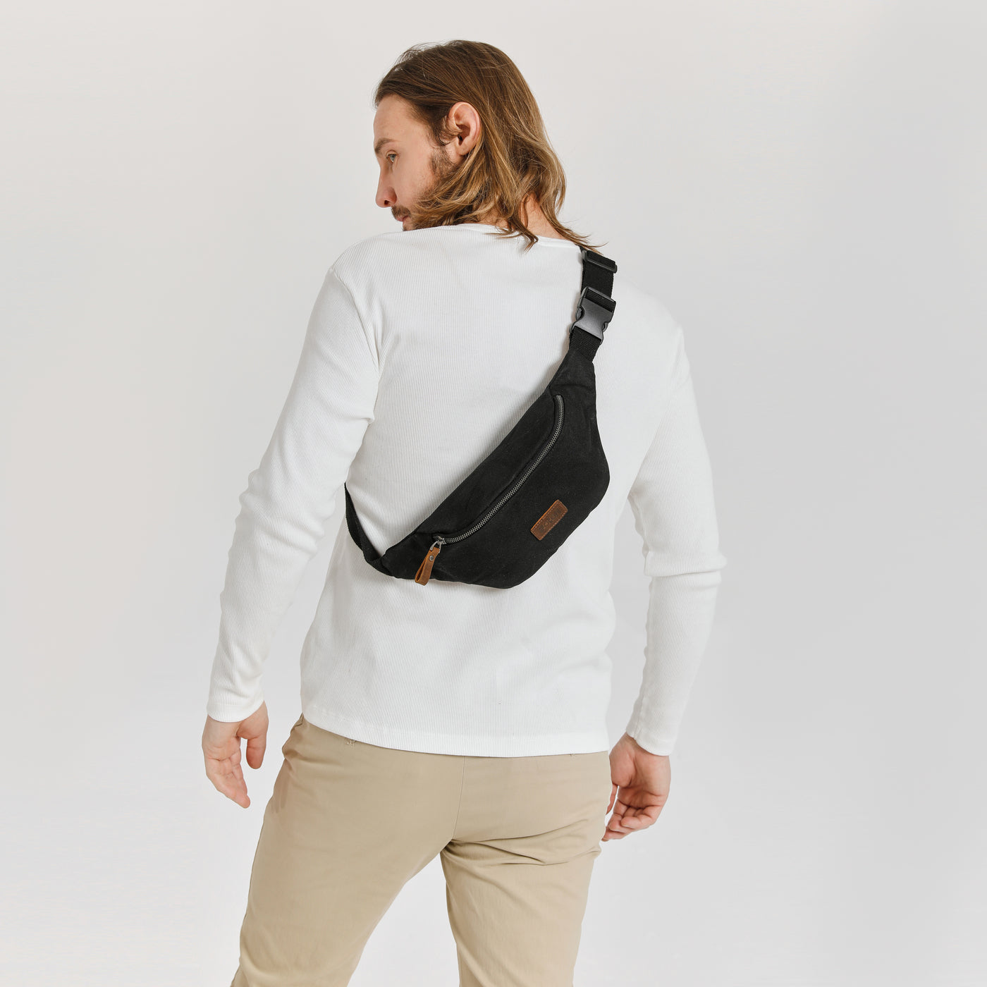 TIM - Sac banane en cuir véritable et toile enduite - Noir