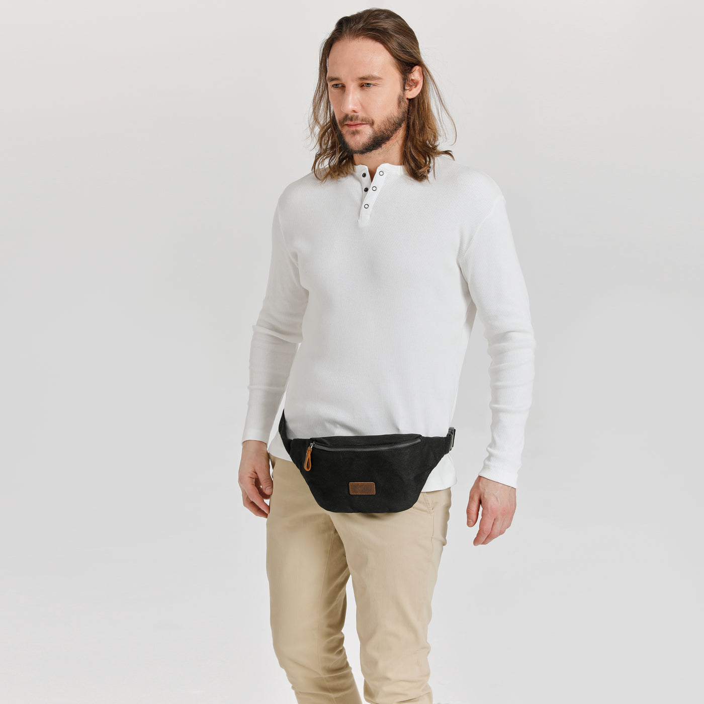 TIM - Sac banane en cuir véritable et toile enduite - Noir