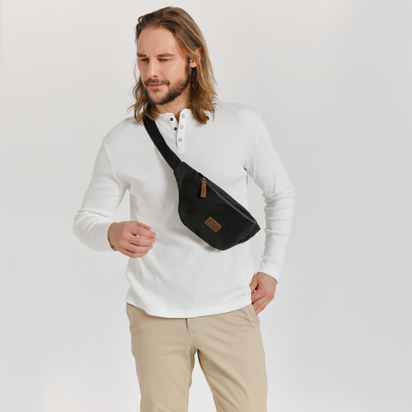 TIM - Sac banane en cuir véritable et toile enduite - Noir