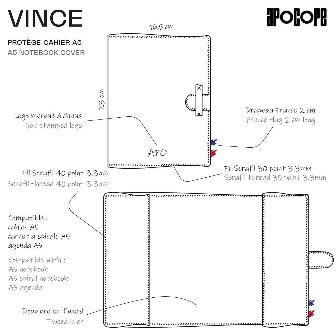 VINCE - Protège-cahier A5 en cuir grainé - noir