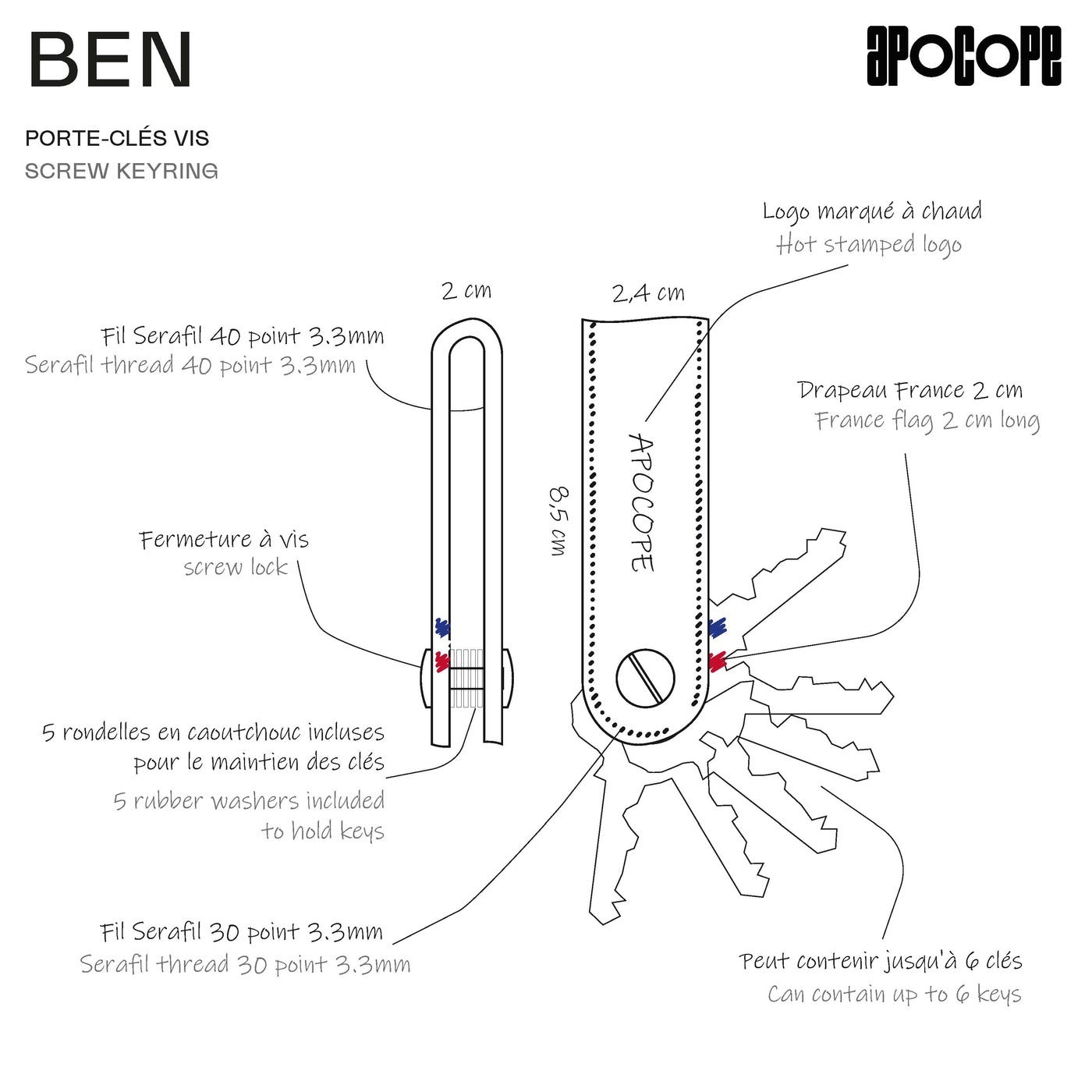 BEN - Porte-clés vis en cuir grainé - noir
