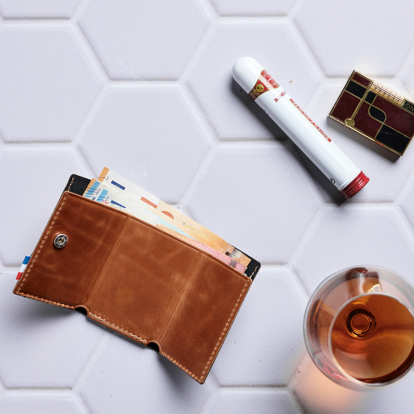 THÉO - Étui à billets en cuir patiné - Cognac