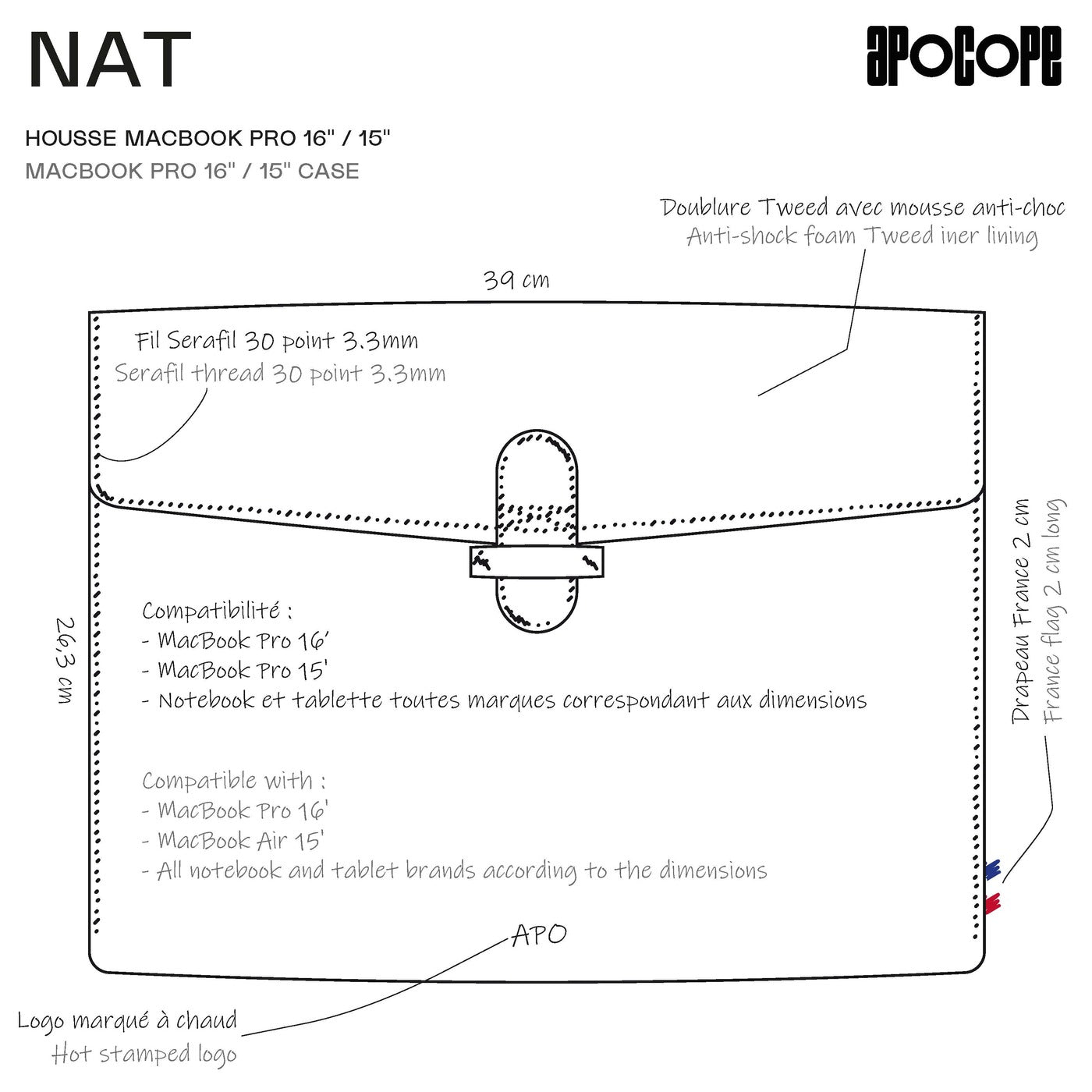 NAT - Housse MacBook Pro 16" / 15" en cuir recyclé - Gris