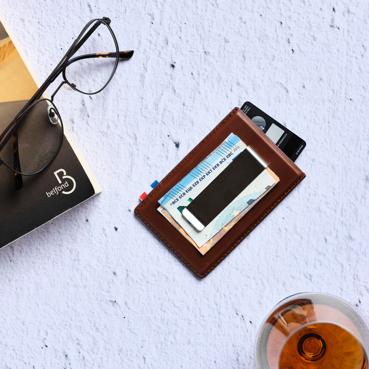 GREG - Pince à billet et porte-cartes en cuir patiné - Chocolat