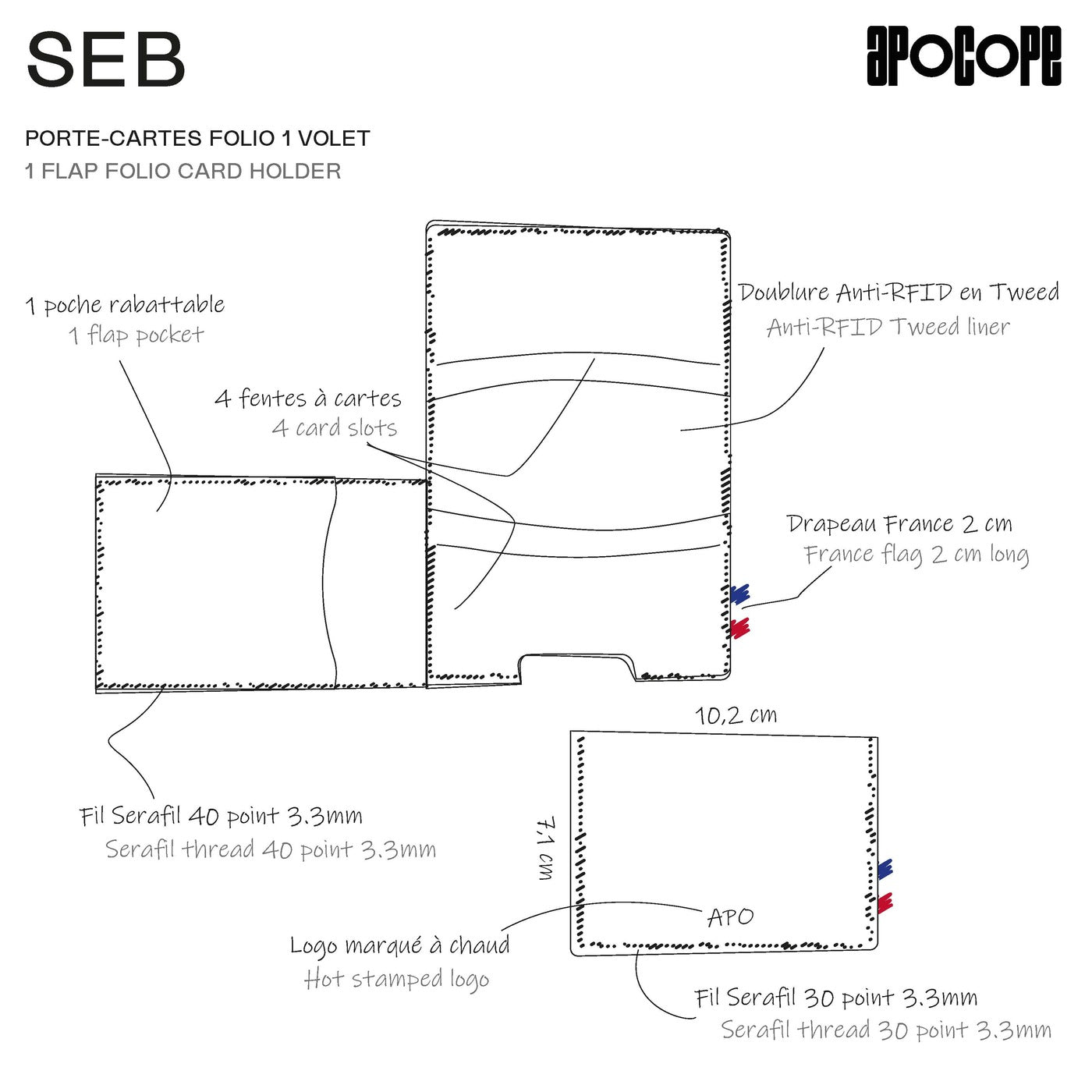 SEB - Porte-cartes folio 1 volet en cuir recyclé - Bleu