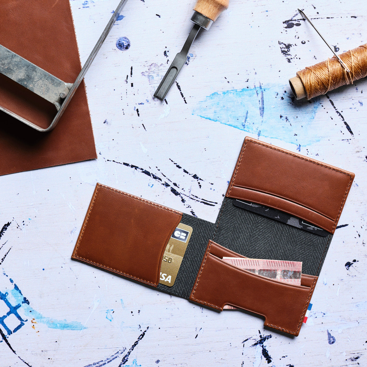 SEB - Porte-cartes folio 1 volet en cuir patiné - Chocolat