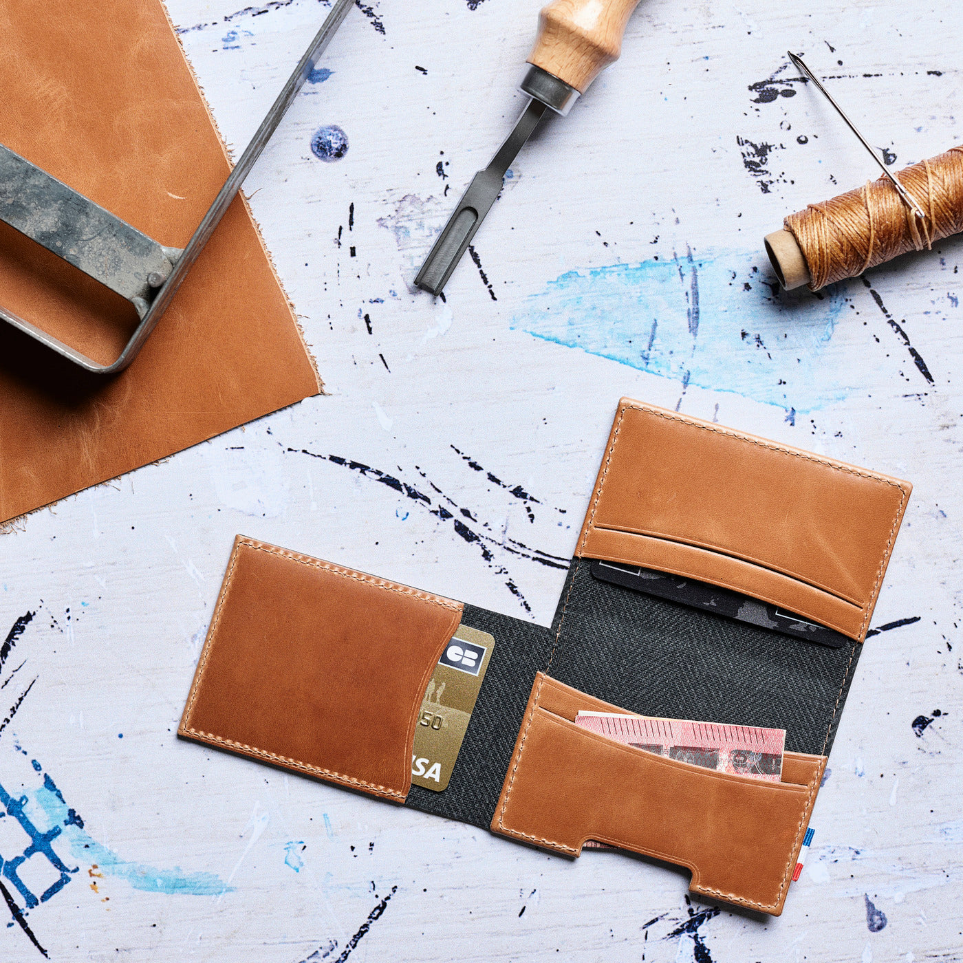 SEB - Porte-cartes folio 1 volet en cuir patiné - Cognac