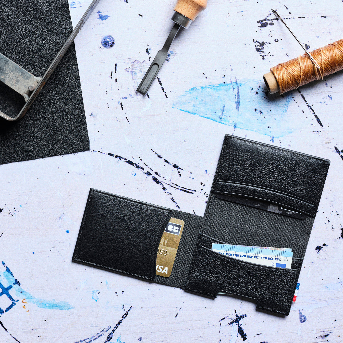 SEB - Porte-cartes folio 1 volet en cuir grainé - noir