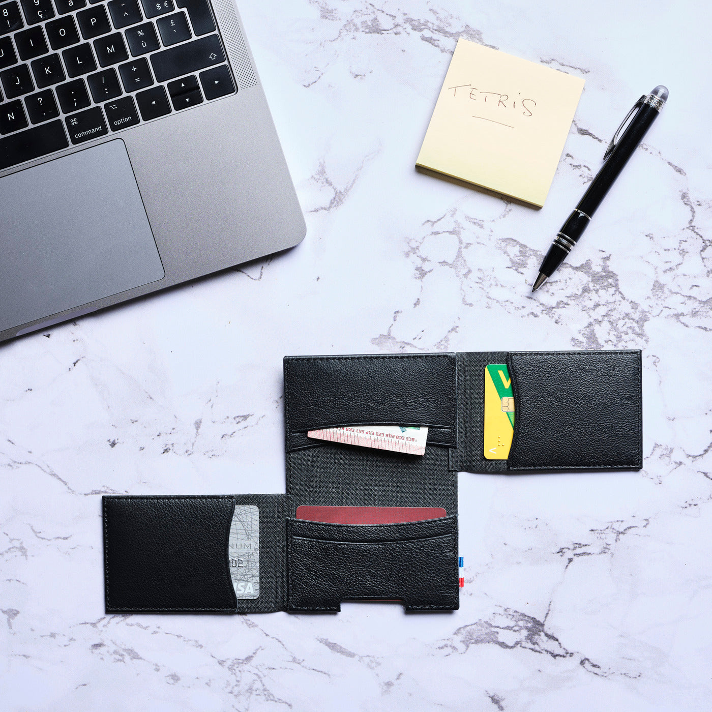 FRED - Porte-cartes folio 2 volets en cuir grainé - noir