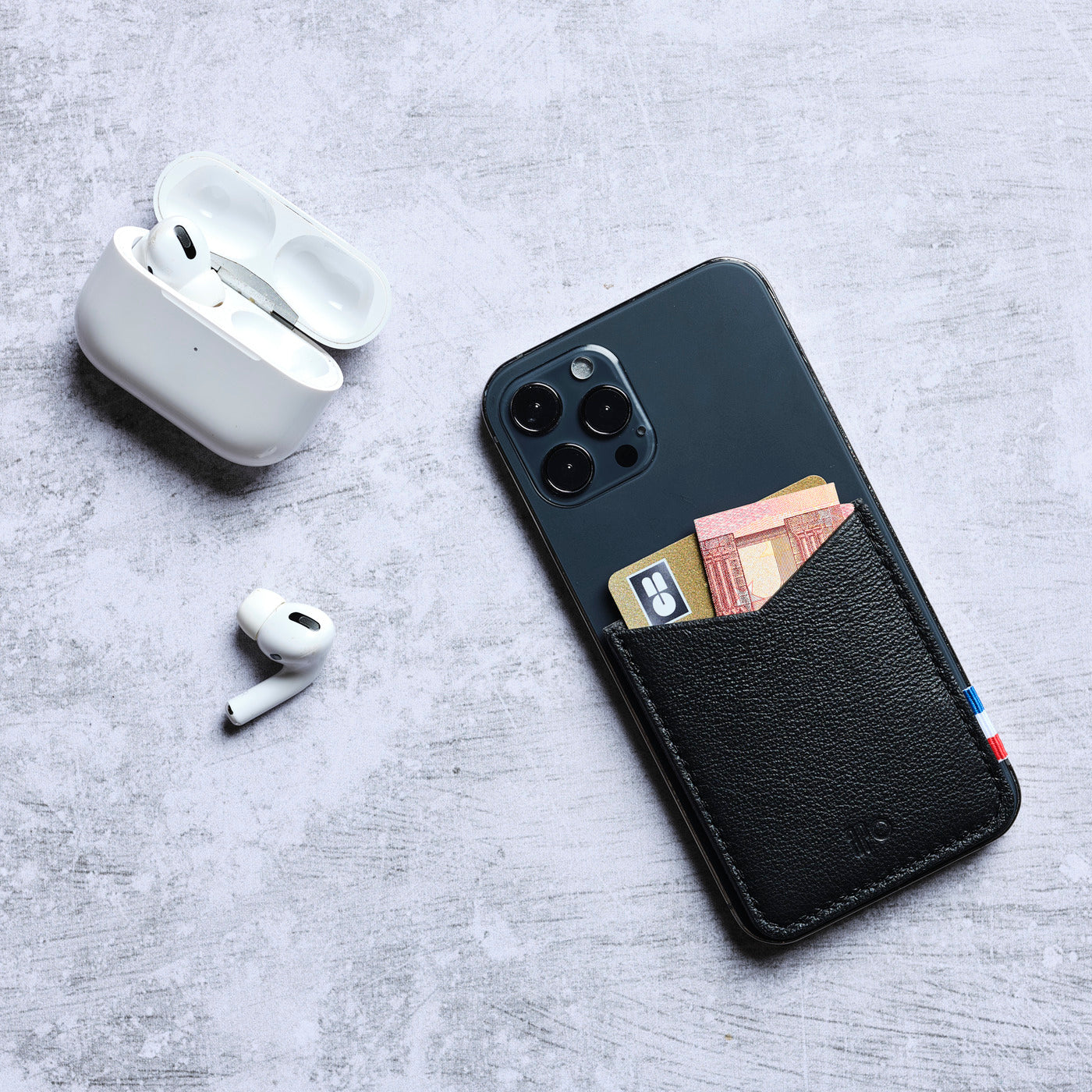 RAPH - Porte-cartes adhésif pour smartphone en cuir grainé - noir