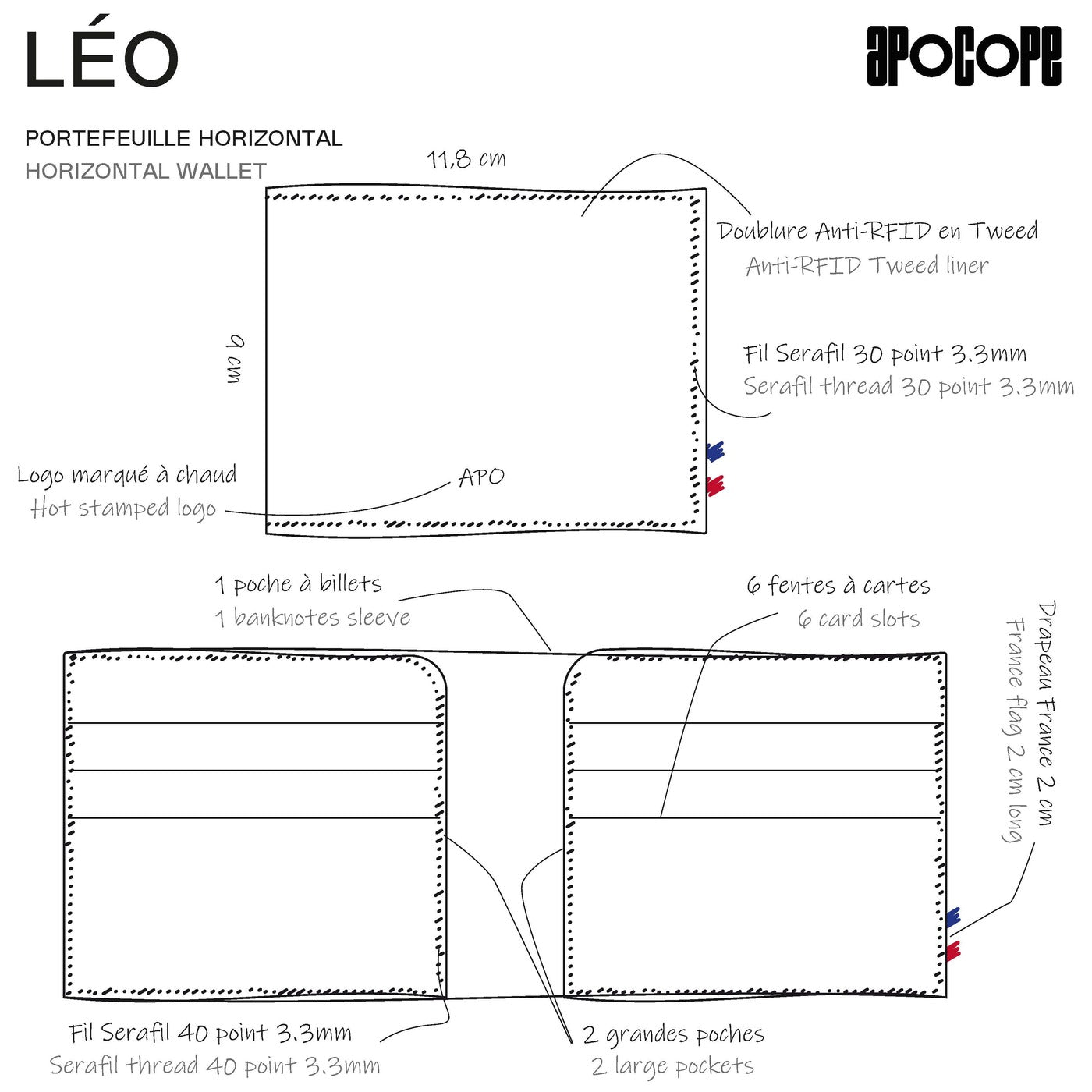 LÉO - Portefeuille horizontal en cuir patiné - Cognac