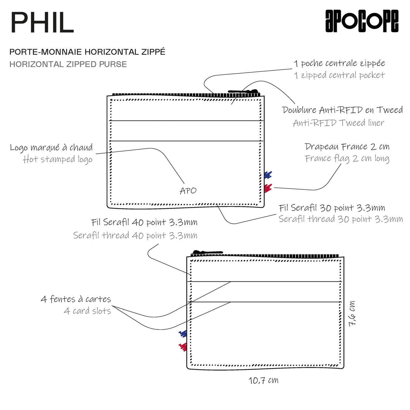 PHIL - Porte-monnaie horizontal zippé en cuir patiné - Cognac
