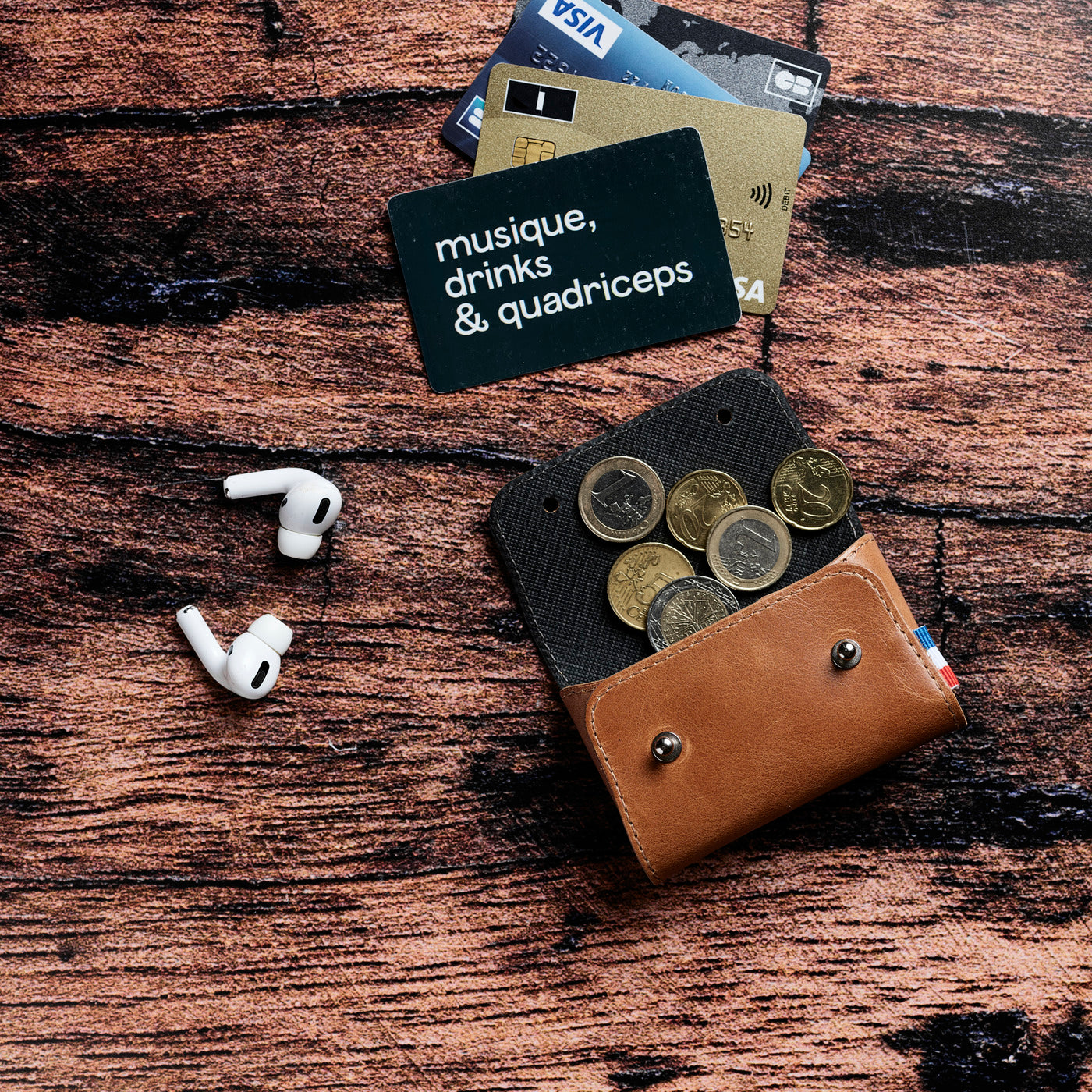 JEREM - Porte-monnaie et porte-cartes grande contenance en cuir patiné - Cognac
