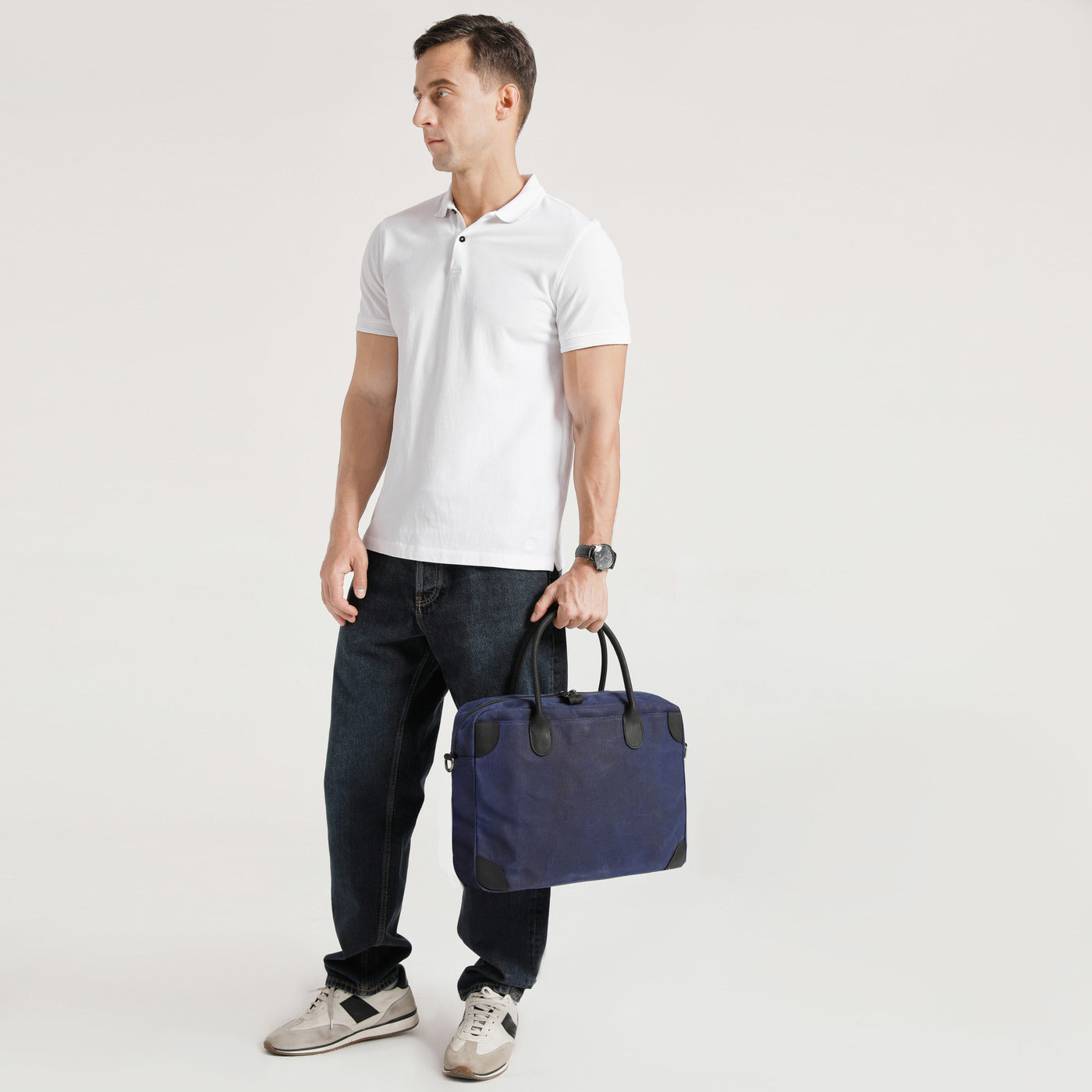 YANN - Sacoche en cuir véritable et toile enduite - Bleu