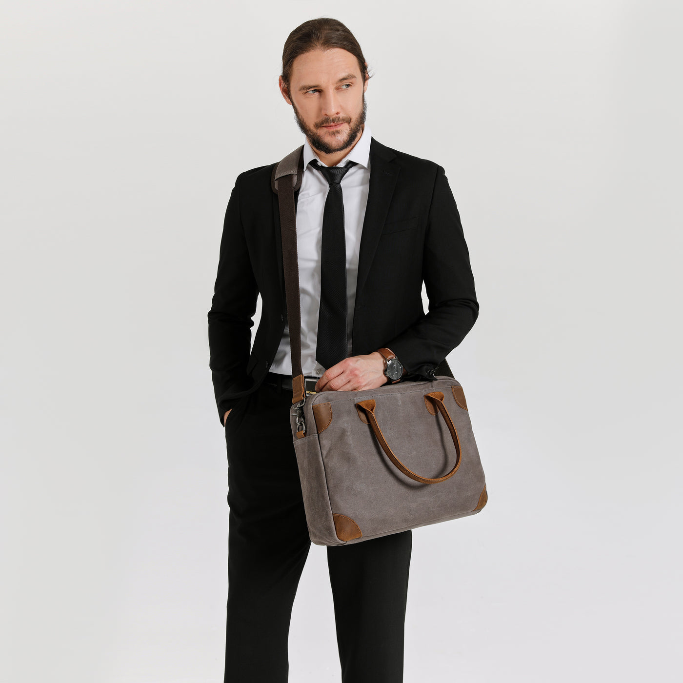 YANN - Sacoche en cuir véritable et toile enduite - Gris