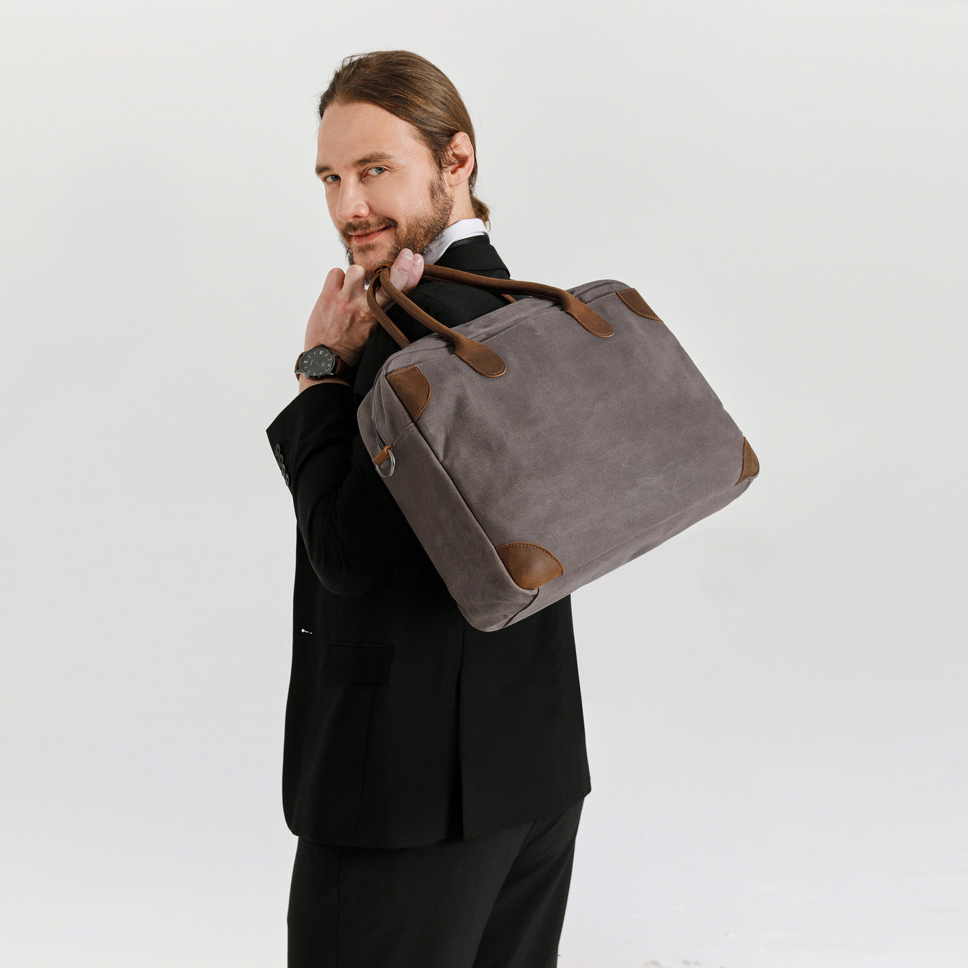 YANN - Sacoche en cuir véritable et toile enduite - Gris