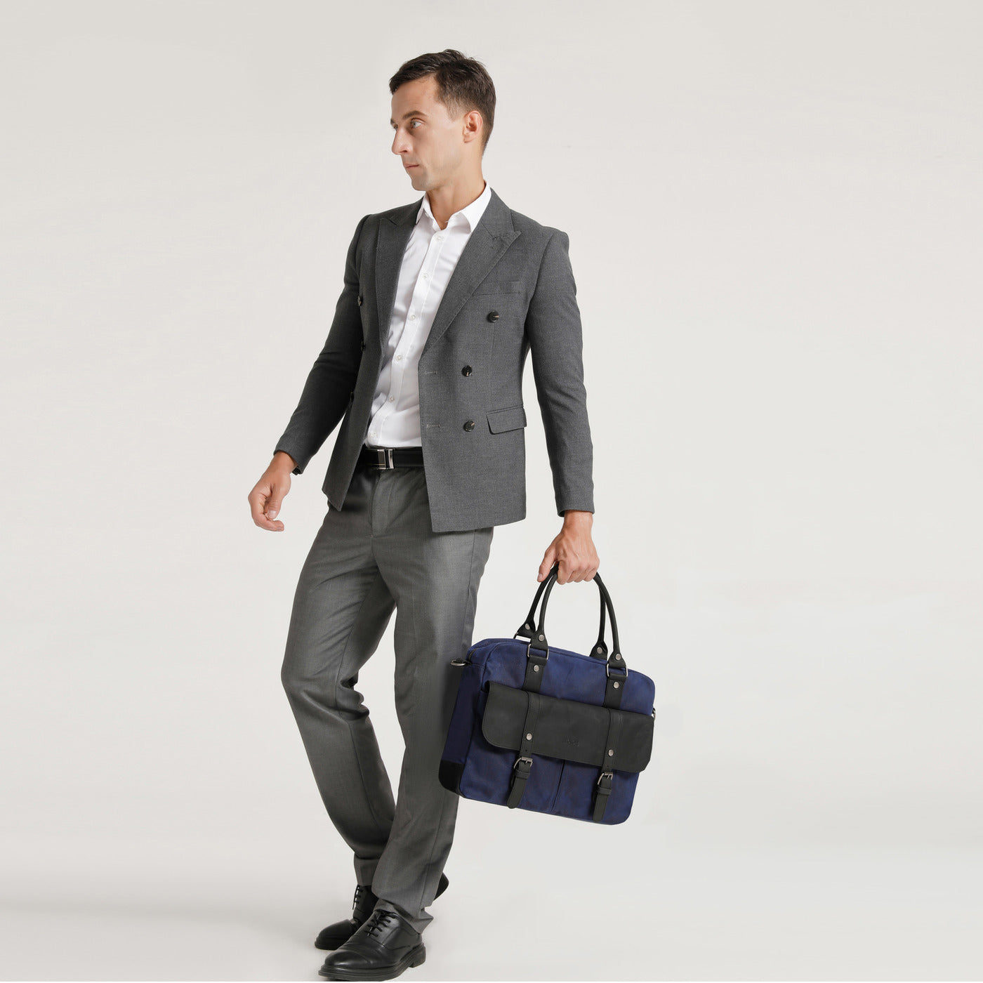 MICK - Sacoche en cuir véritable et toile enduite - Bleu