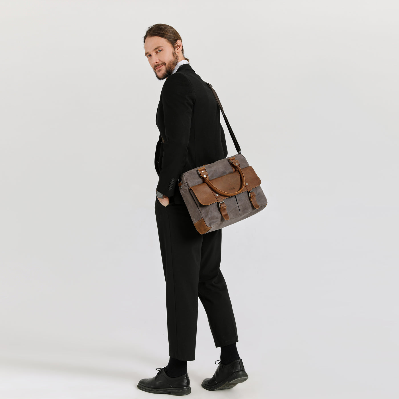 MICK - Sacoche en cuir véritable et toile enduite - Gris