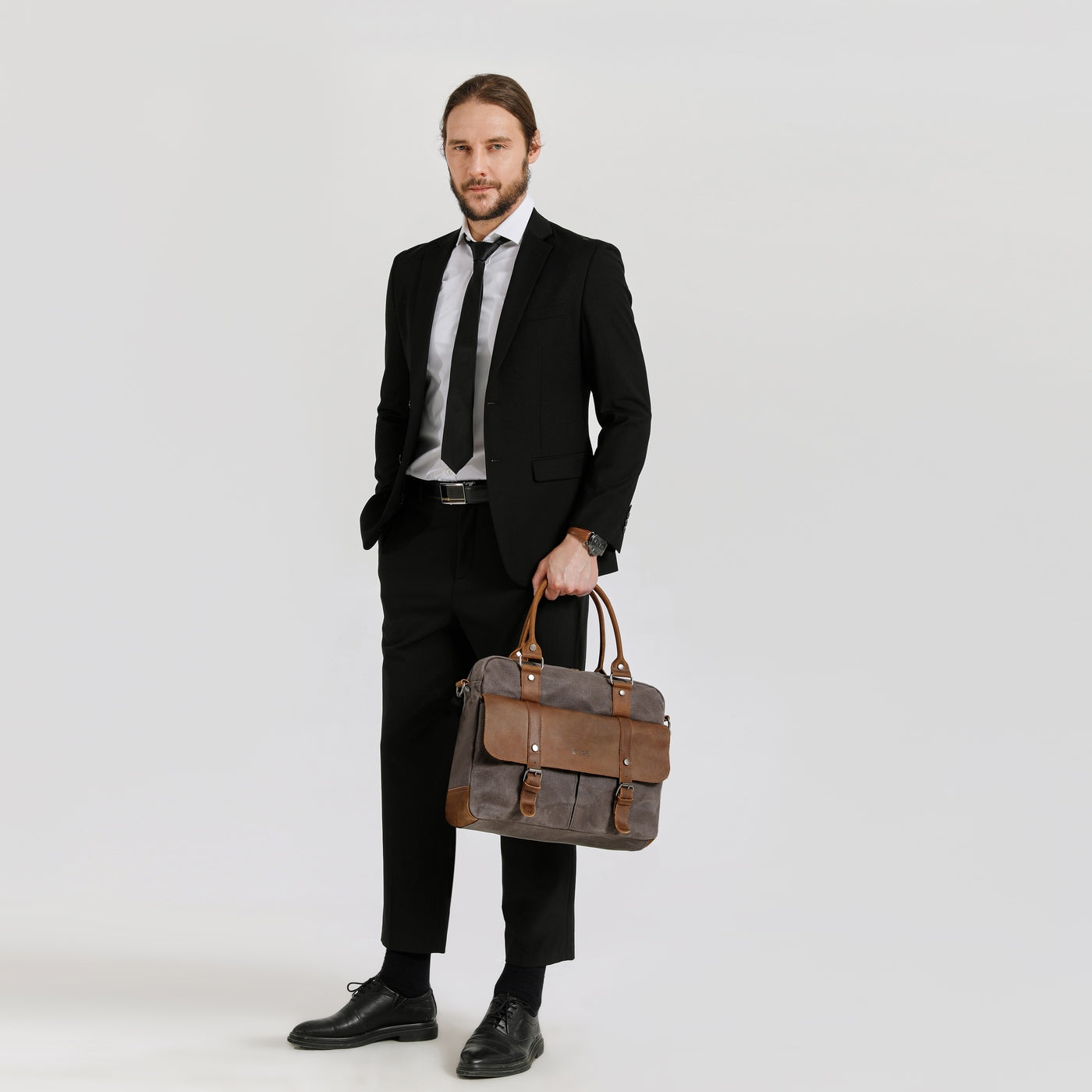 MICK - Sacoche en cuir véritable et toile enduite - Gris