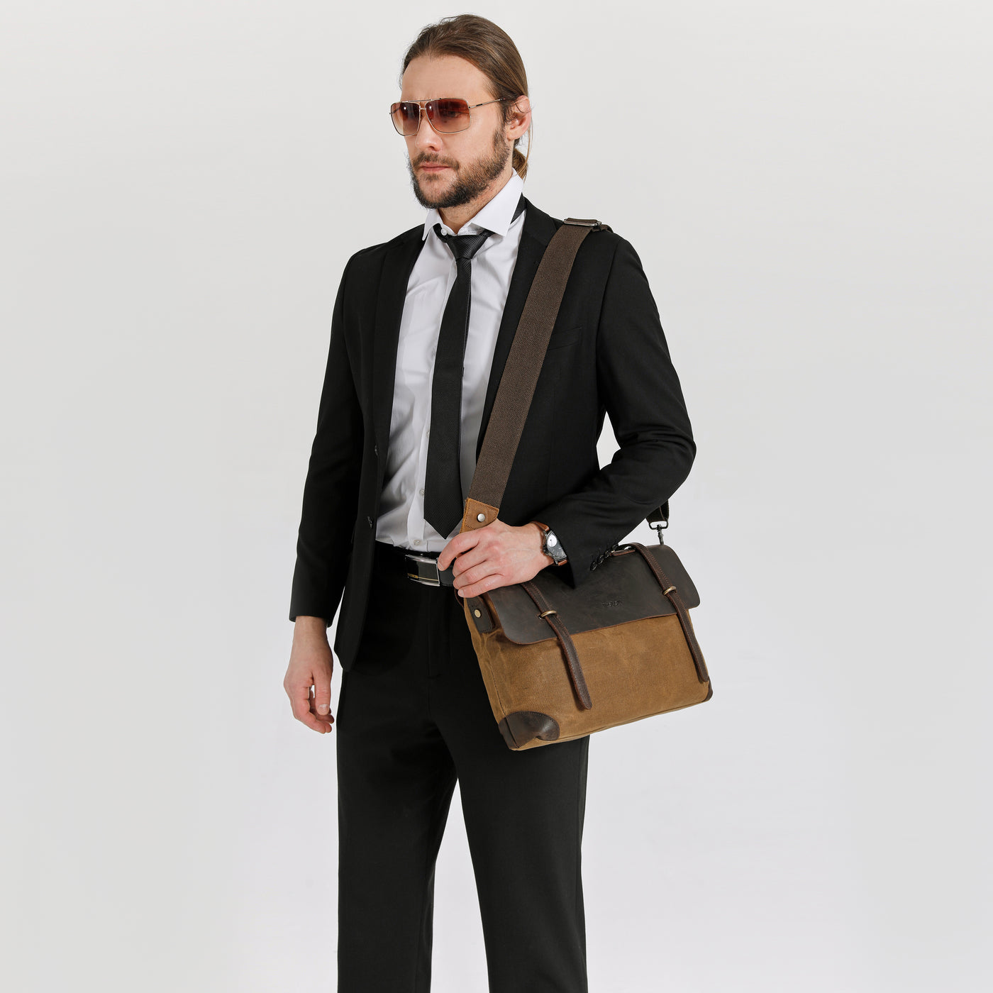 DAN - Sacoche en cuir véritable et toile enduite - Camel