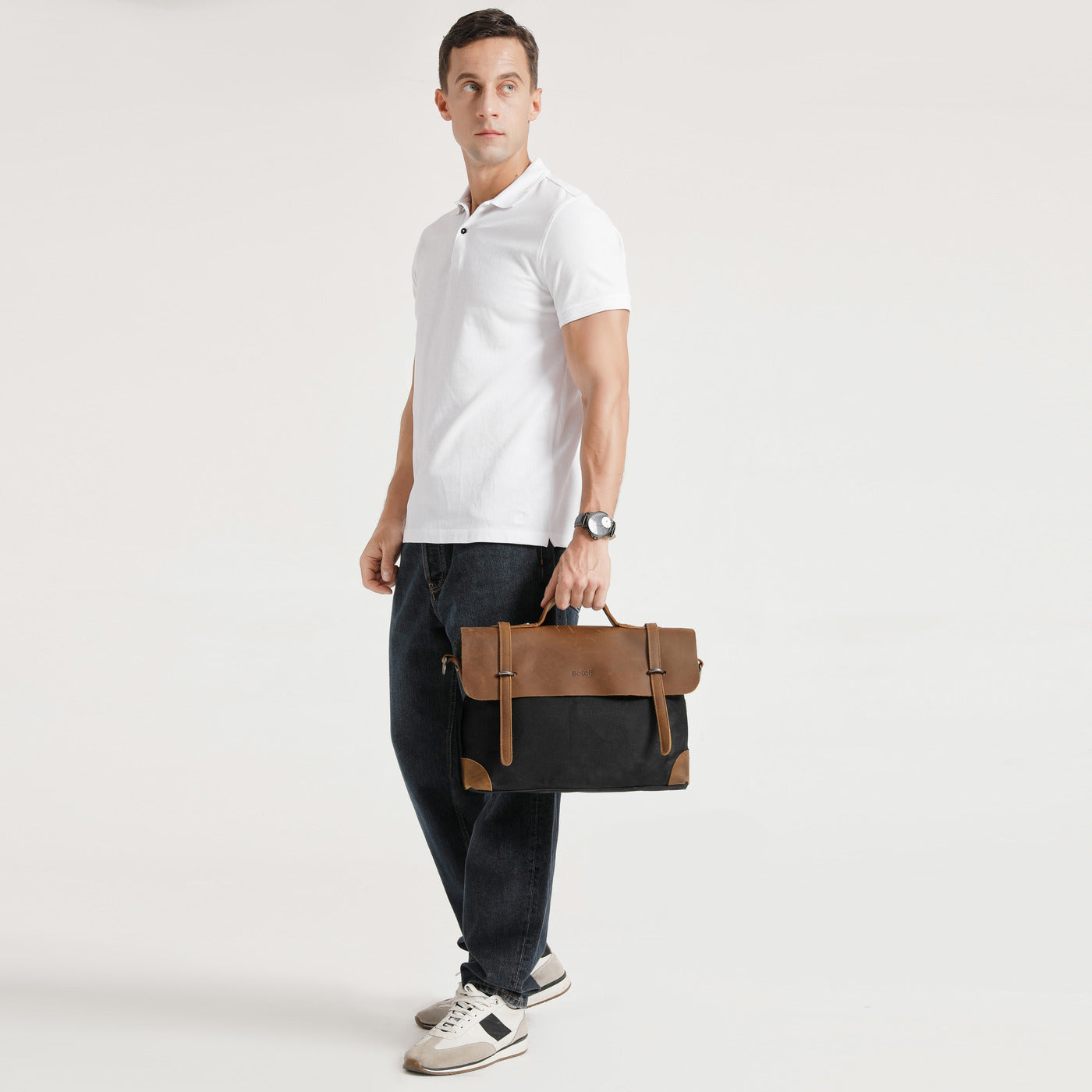 DAN - Sacoche en cuir véritable et toile enduite - Noir