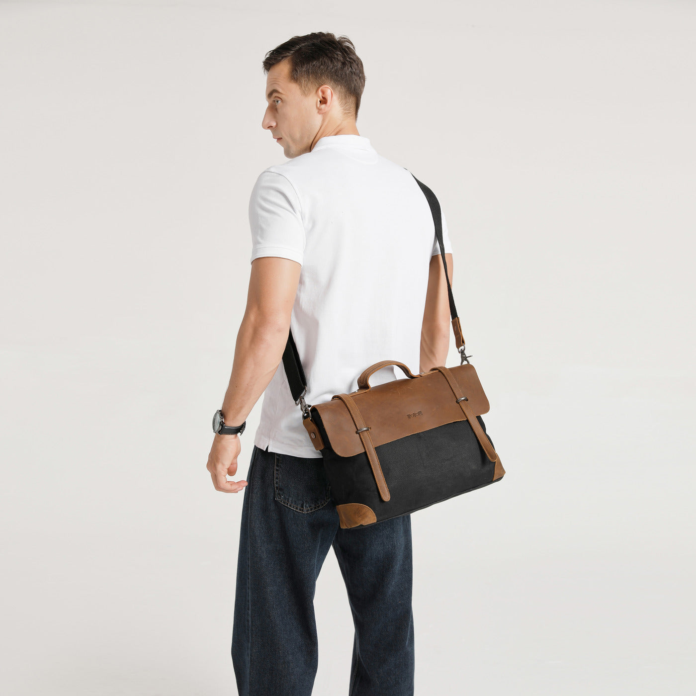 DAN - Sacoche en cuir véritable et toile enduite - Noir