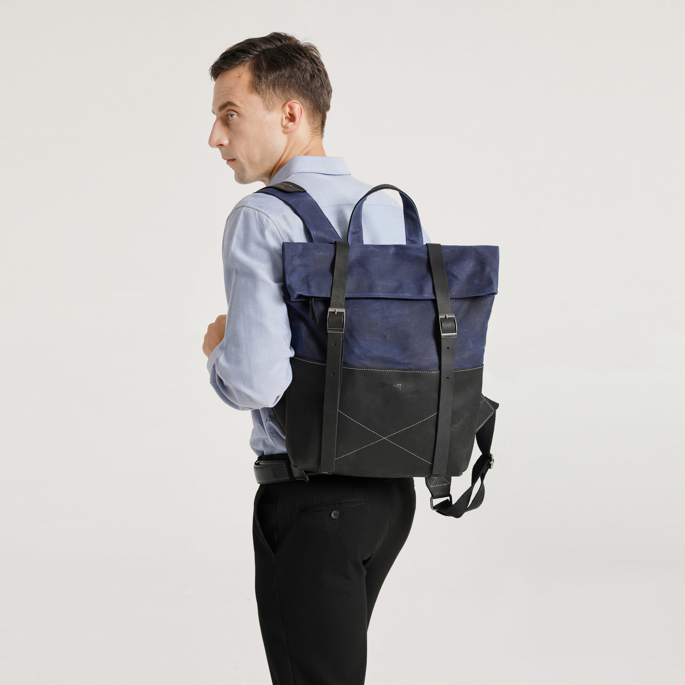 NES - Sac à dos en cuir véritable et toile enduite - Bleu