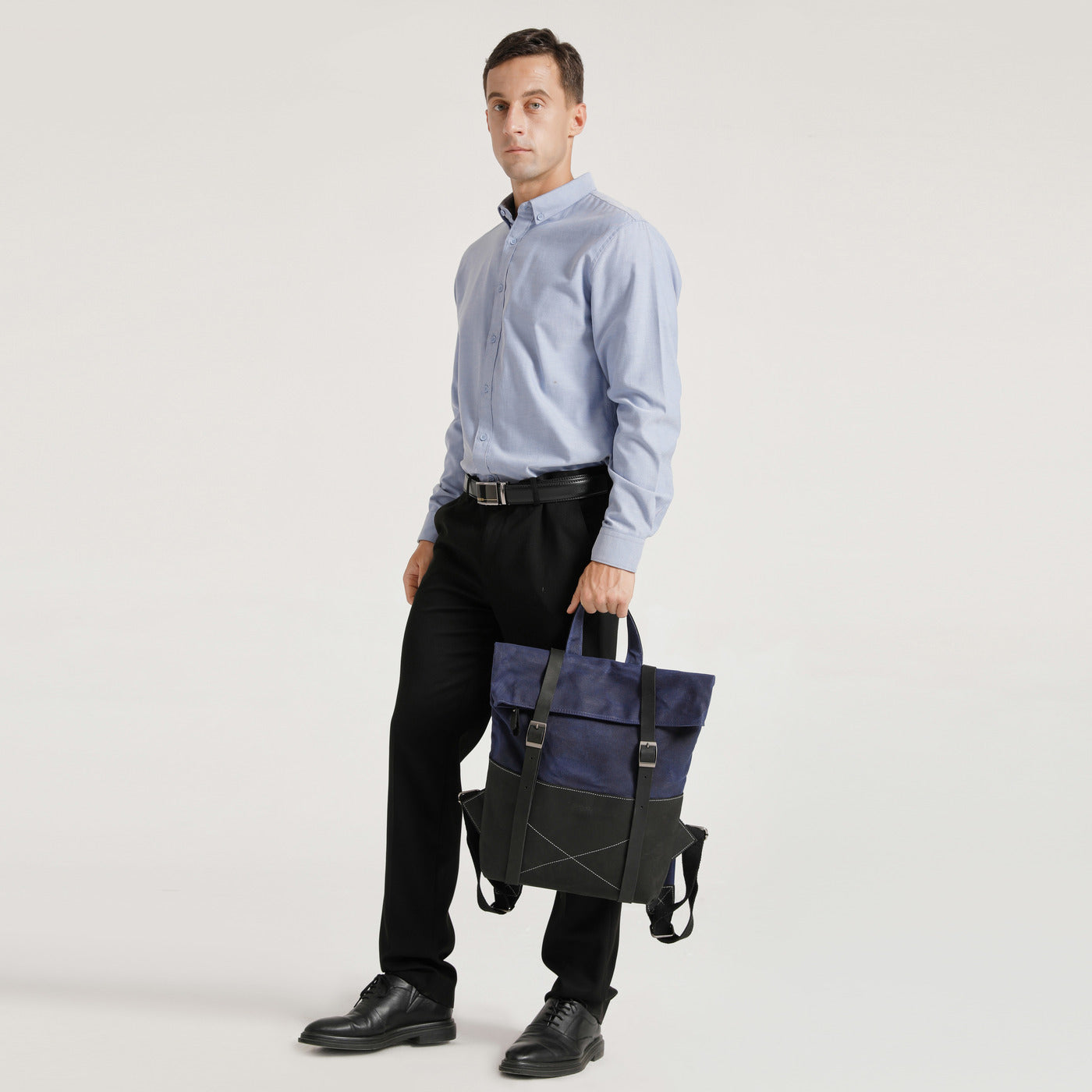 NES - Sac à dos en cuir véritable et toile enduite - Bleu