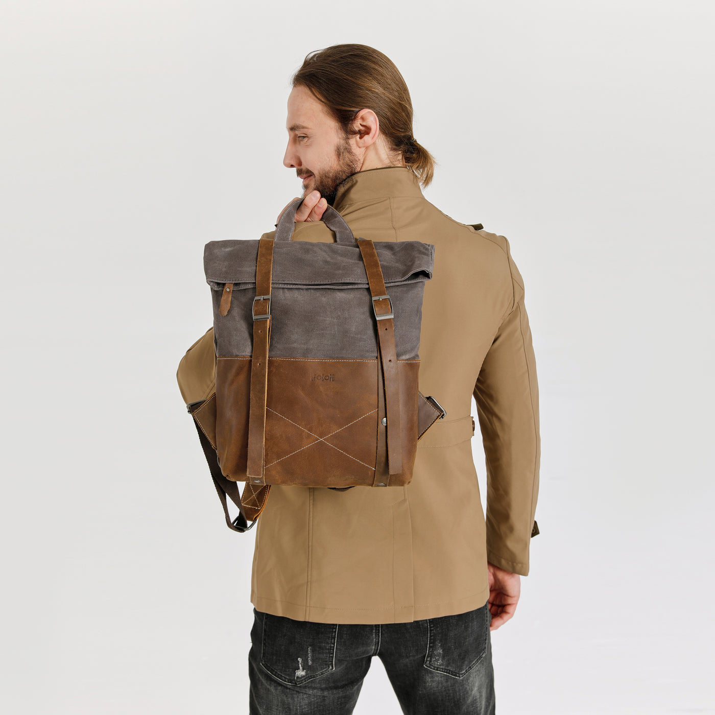 NES - Sac à dos en cuir véritable et toile enduite - Gris