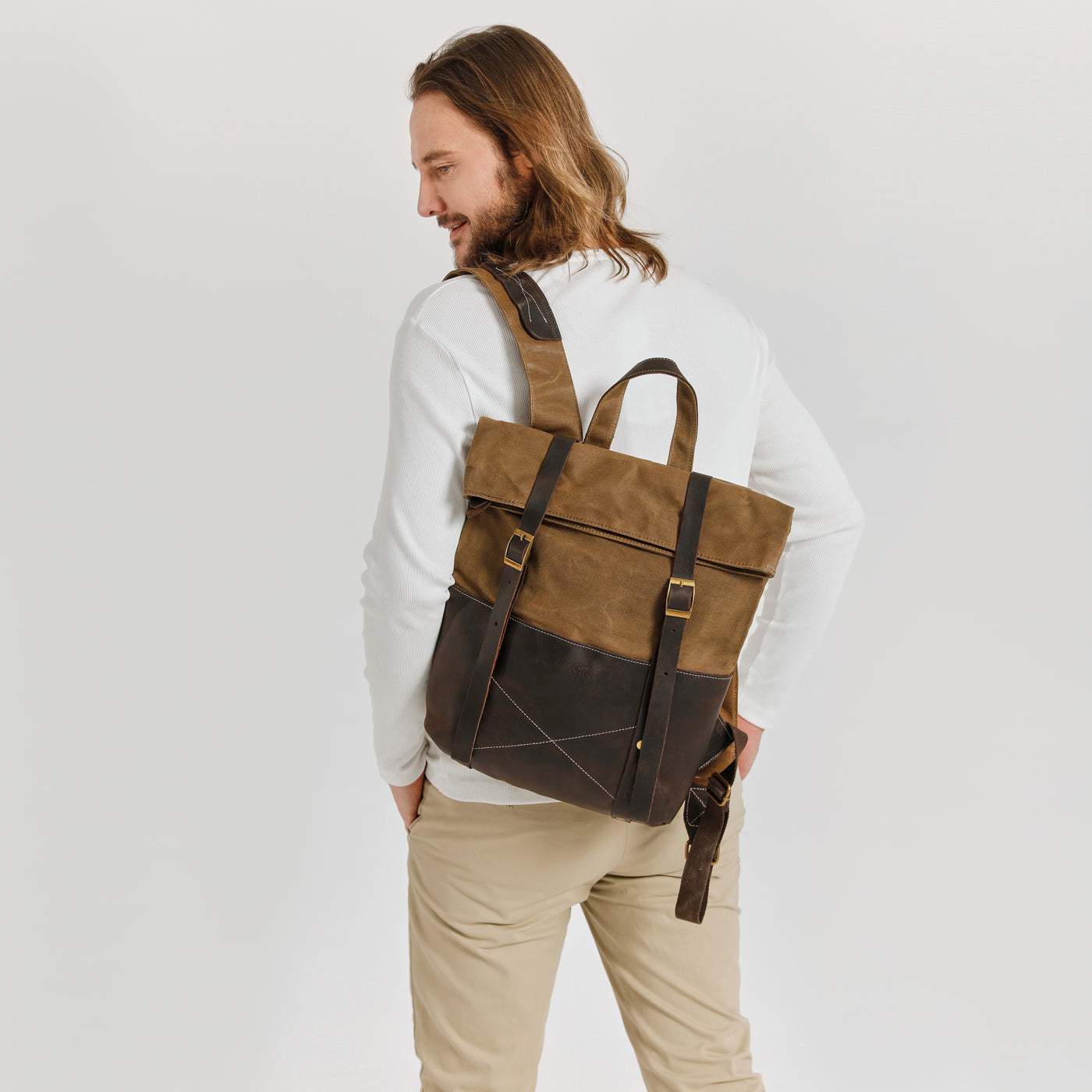 NES - Sac à dos en cuir véritable et toile enduite - Camel