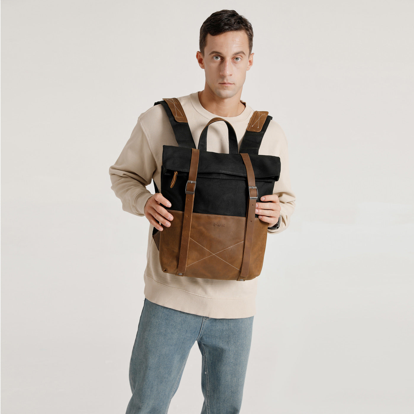 NES - Sac à dos en cuir véritable et toile enduite - Noir