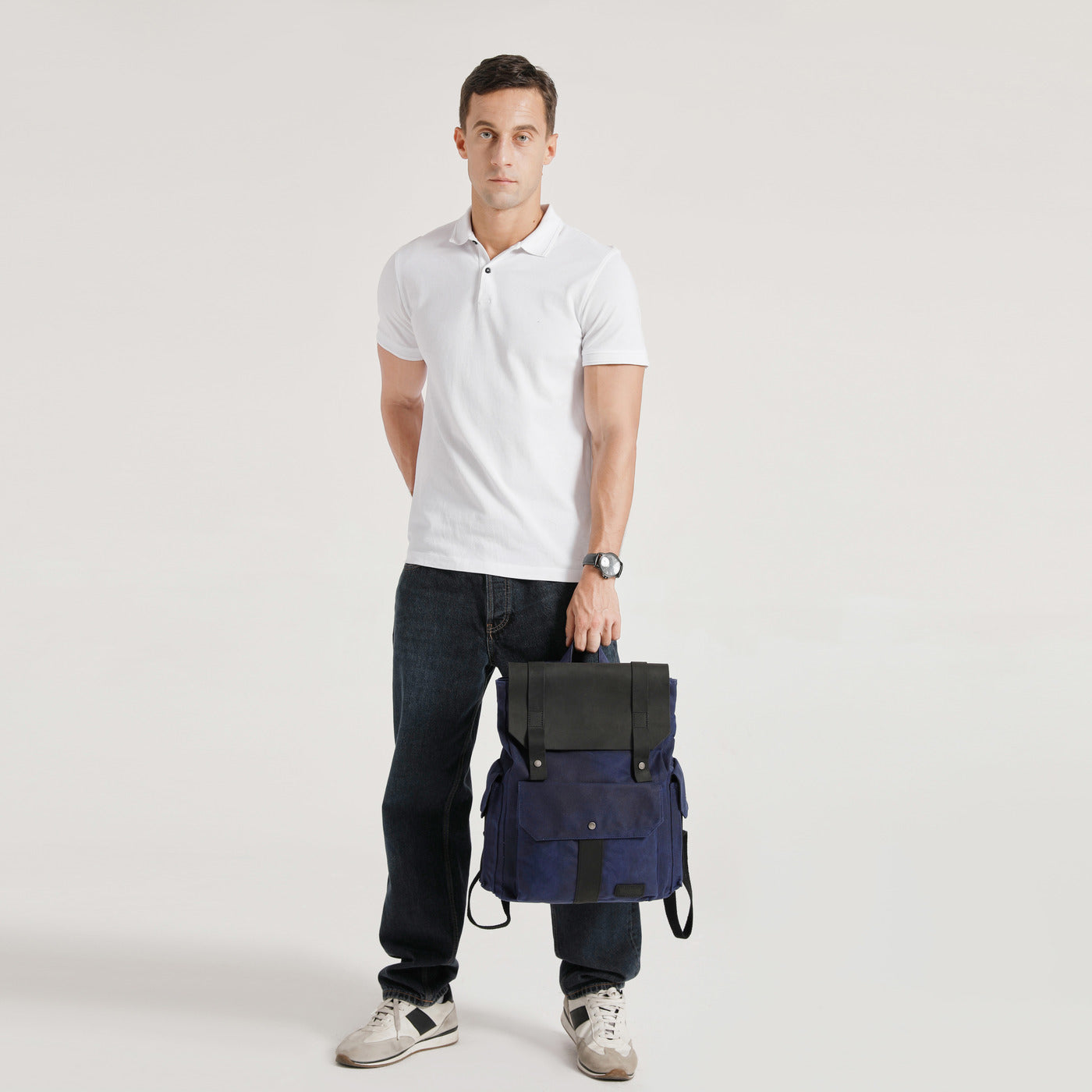 ALI - Sac à dos en cuir véritable et toile enduite - Bleu