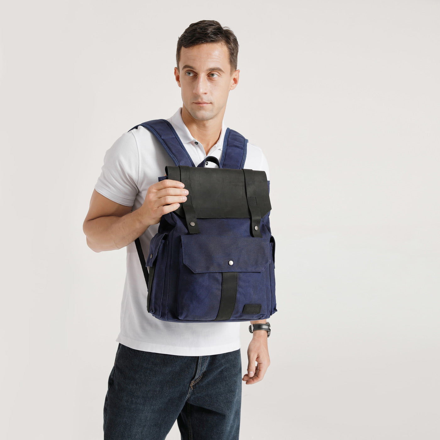 ALI - Sac à dos en cuir véritable et toile enduite - Bleu