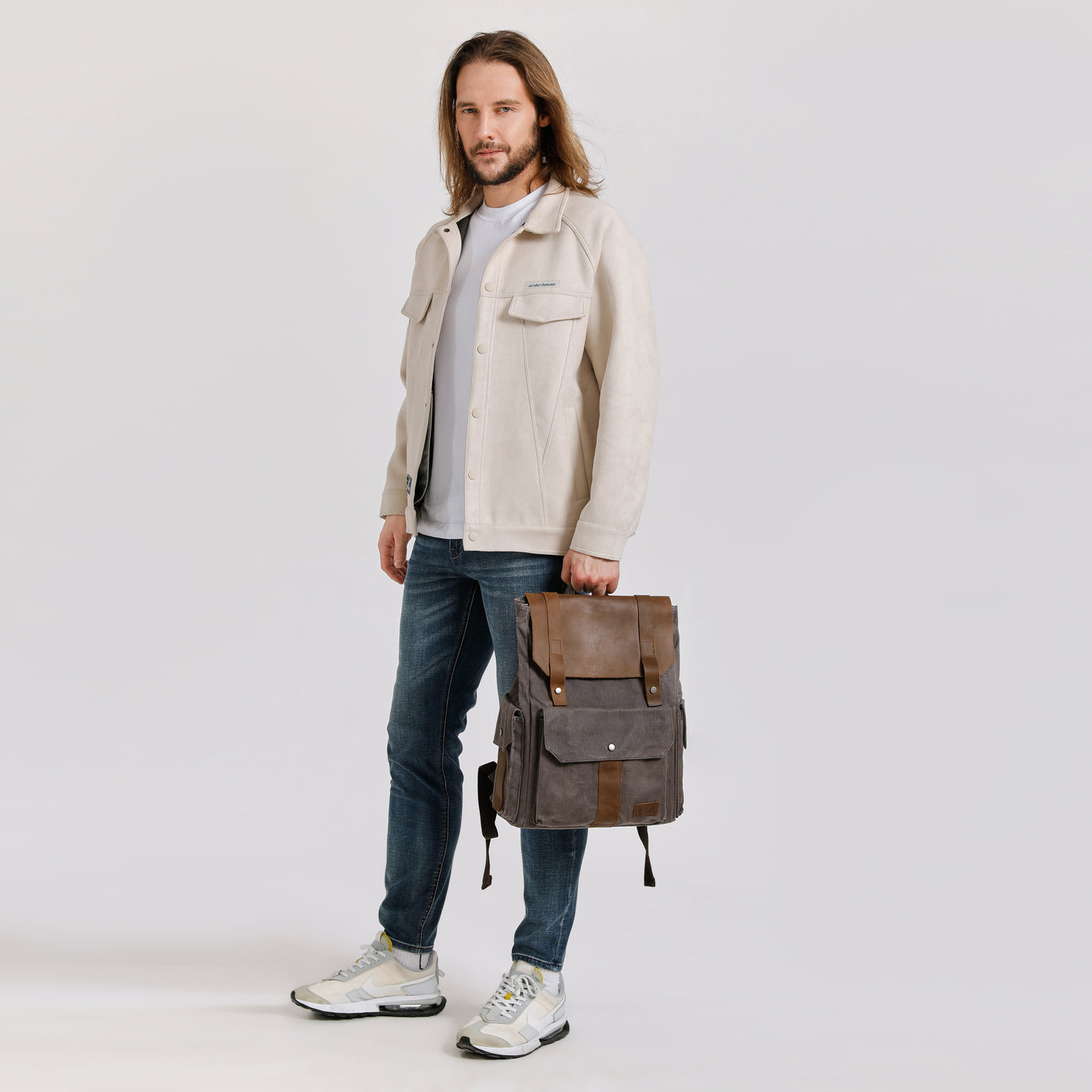 ALI - Sac à dos en cuir véritable et toile enduite - Gris