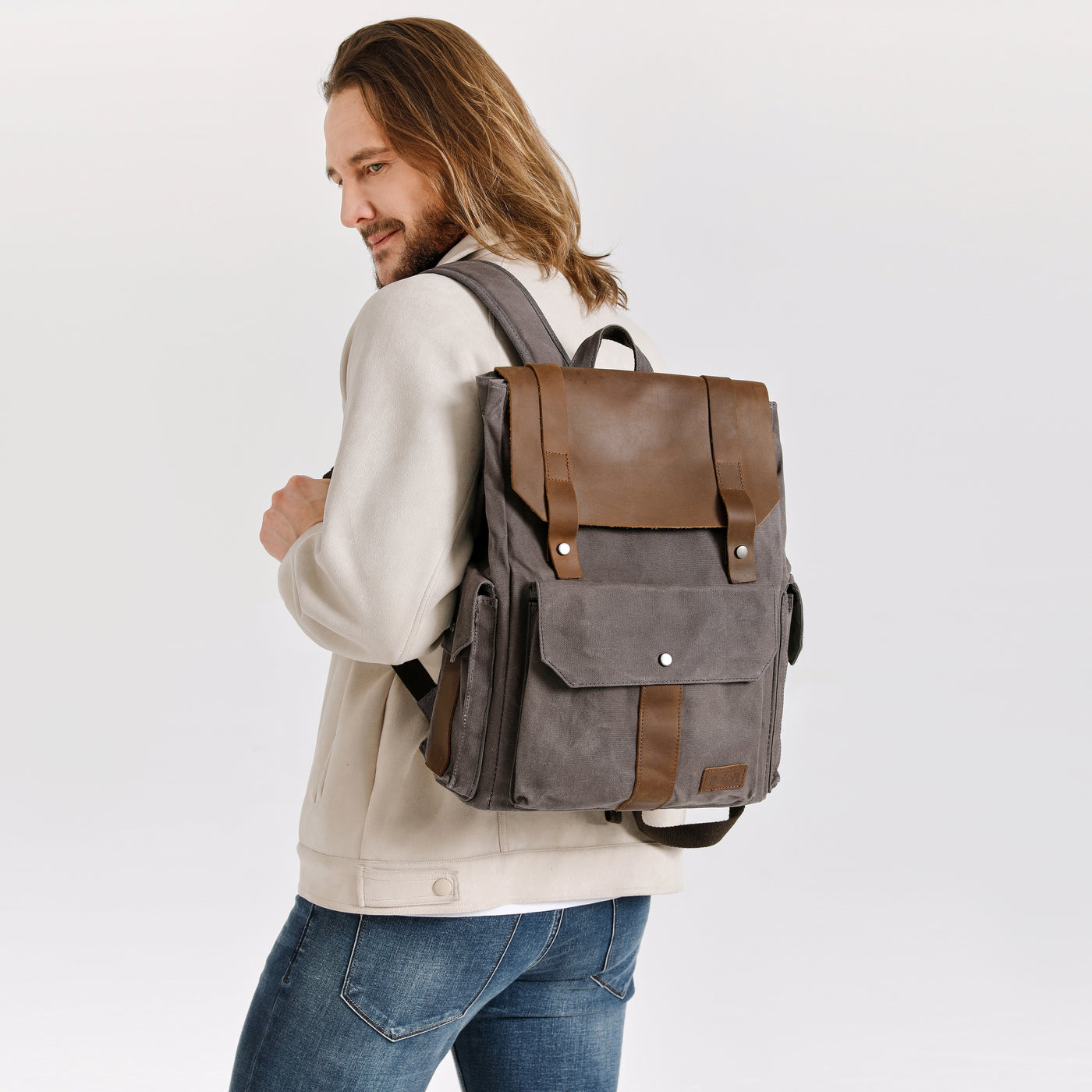 ALI - Sac à dos en cuir véritable et toile enduite - Gris