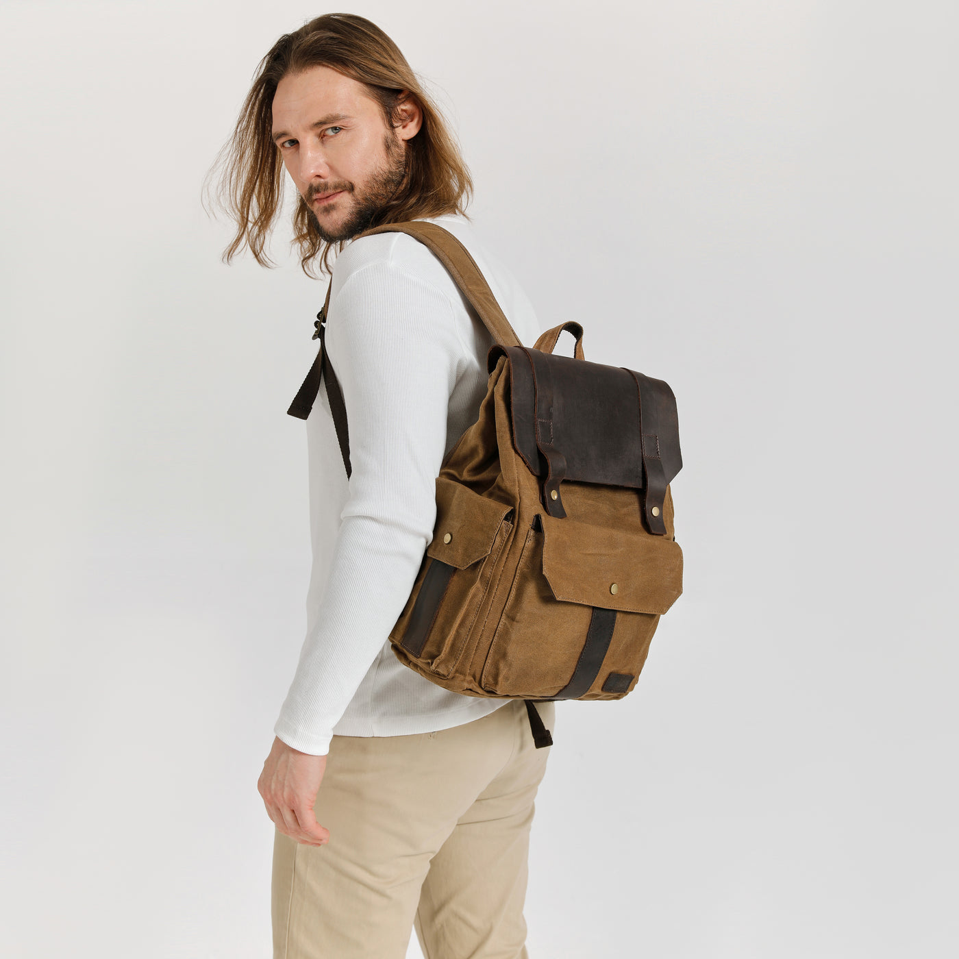 ALI - Sac à dos en cuir véritable et toile enduite - Camel